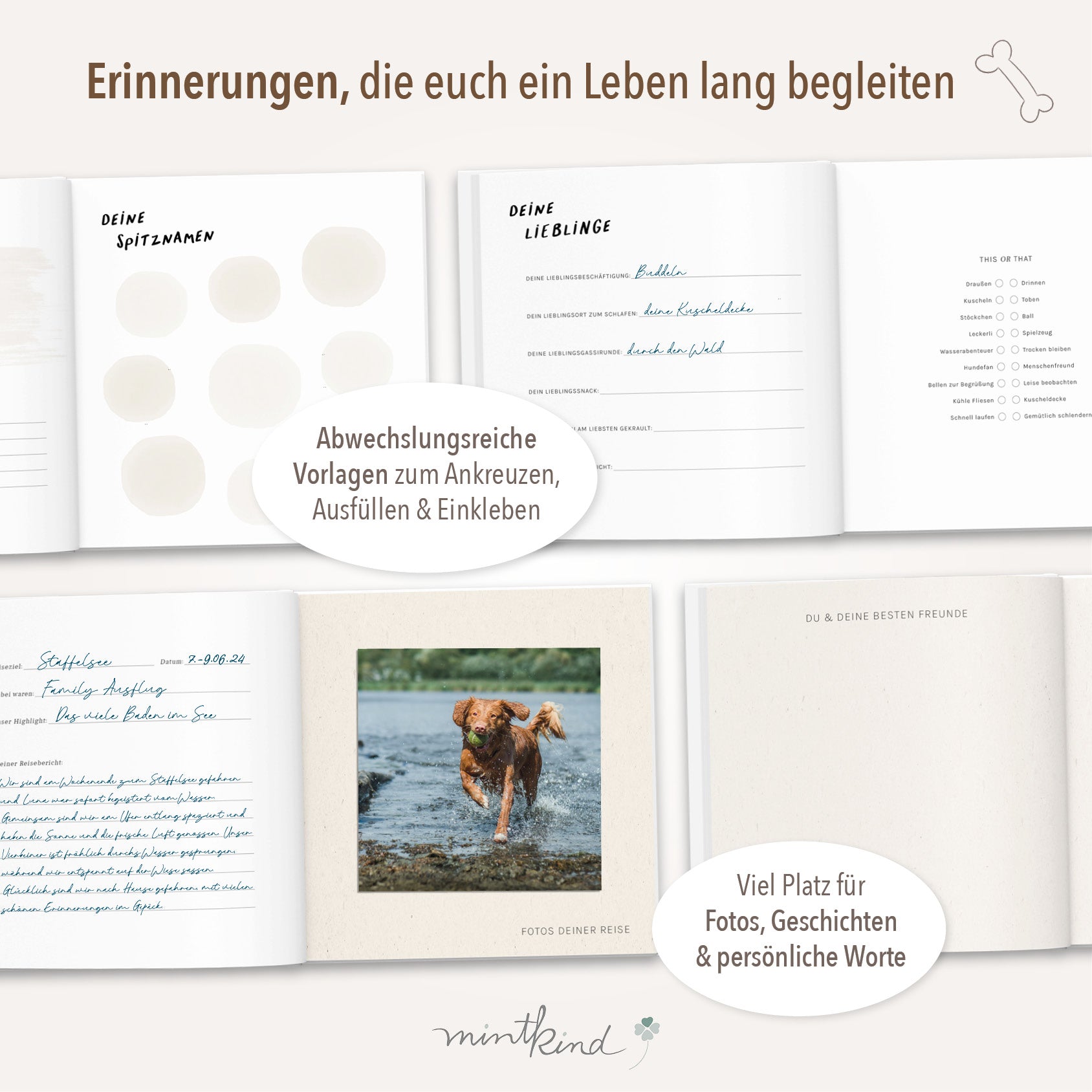 Erinnerungsbuch Familienhund beige Leinen zum Ausfüllen