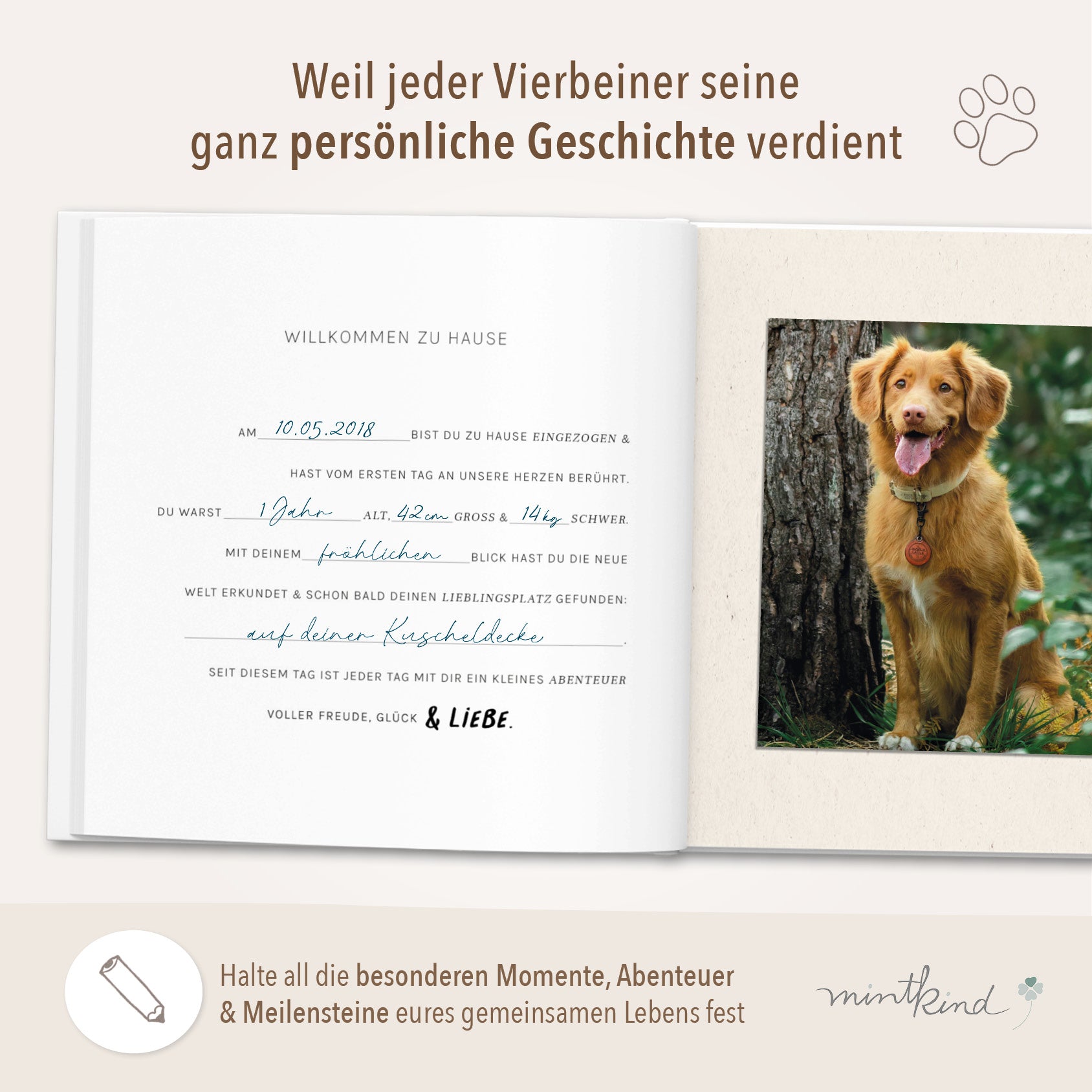 Erinnerungsbuch Familienhund beige Leinen zum Ausfüllen