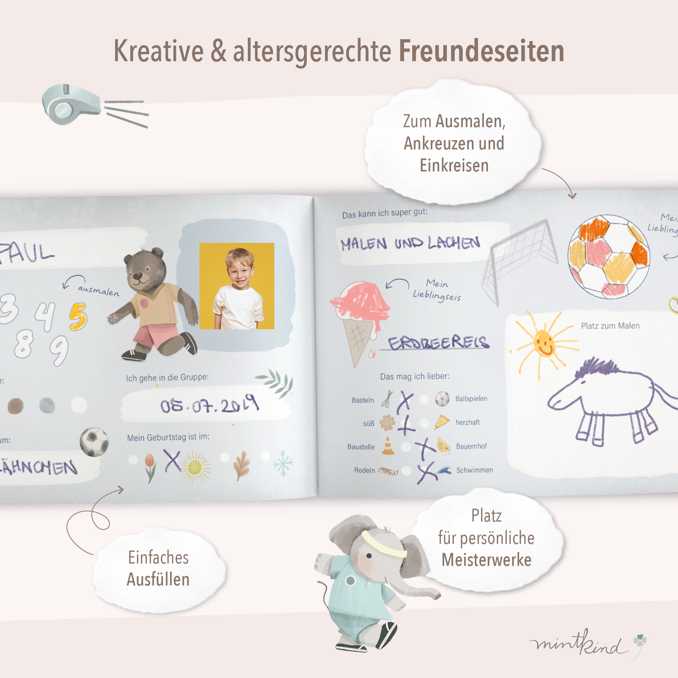 Freundebuch für den Kindergarten mit Fußball-Motiven mit kreativen Fragen 