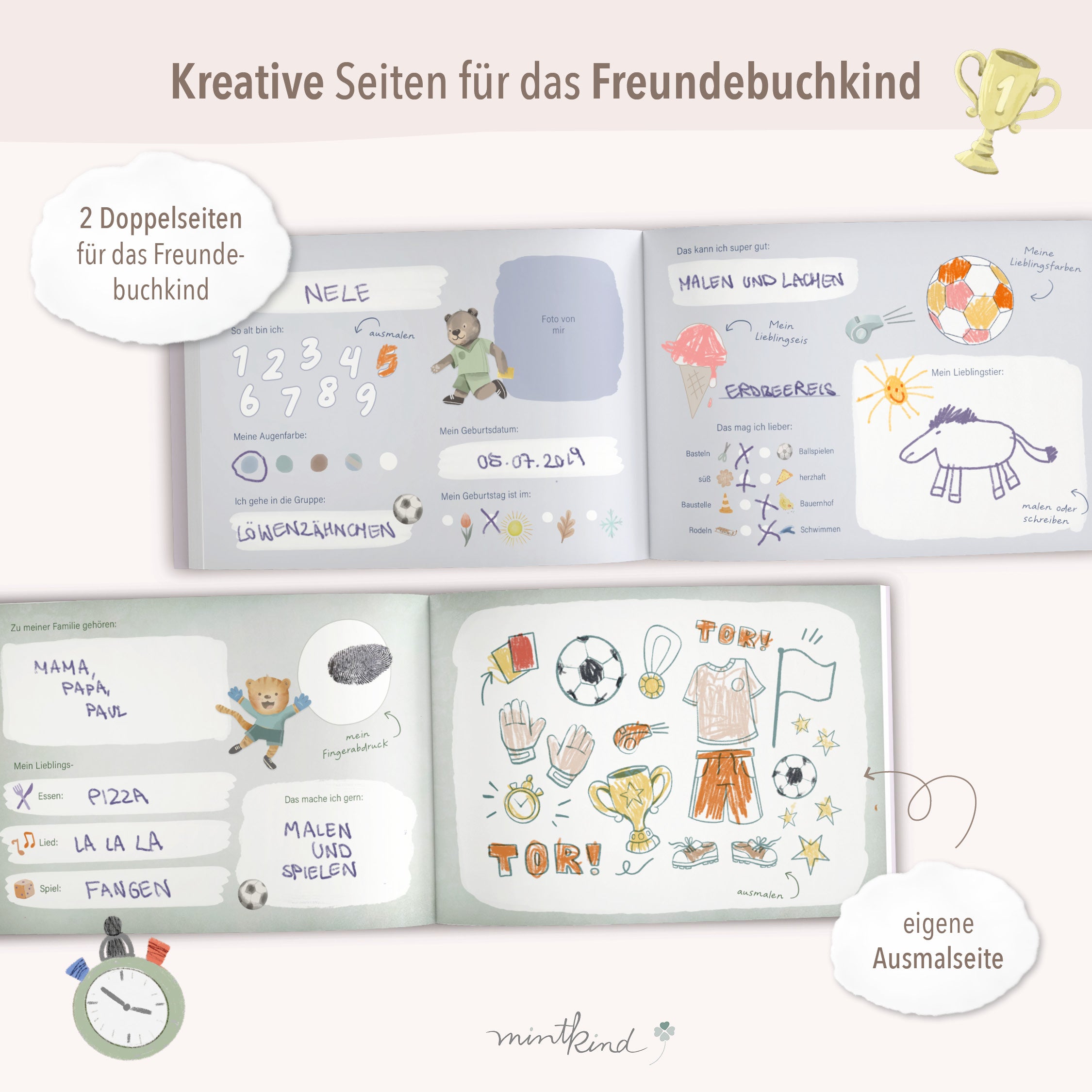Freundschaftsbuch mit Fußball-Motiven und Seiten zum Ausfüllen