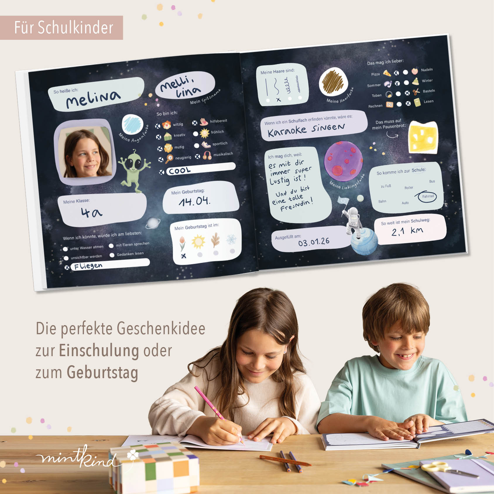 Freundebuch Grundschule im Weltall-Design Blau groß
