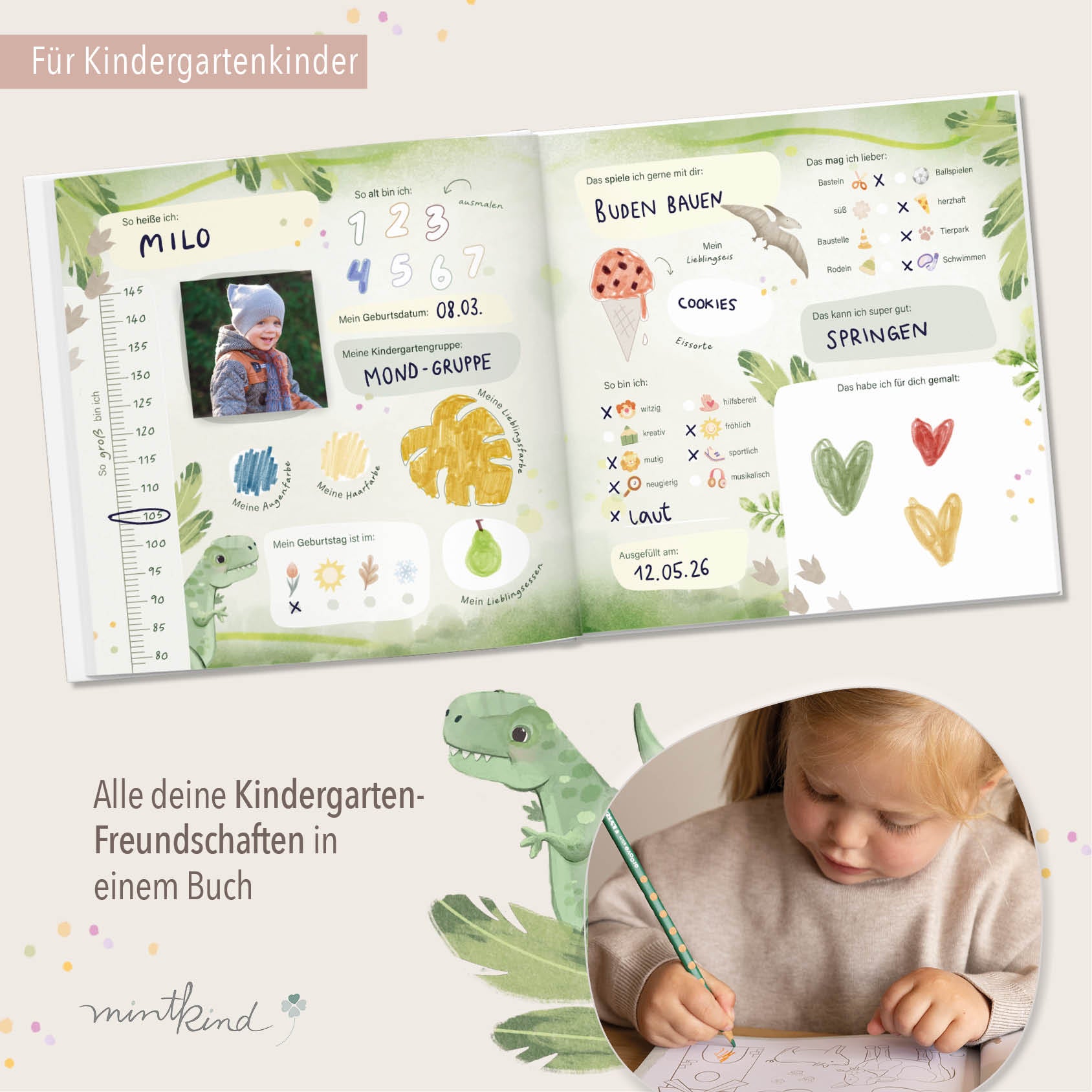 Freundebuch Kindergarten Dino quadratisch groß