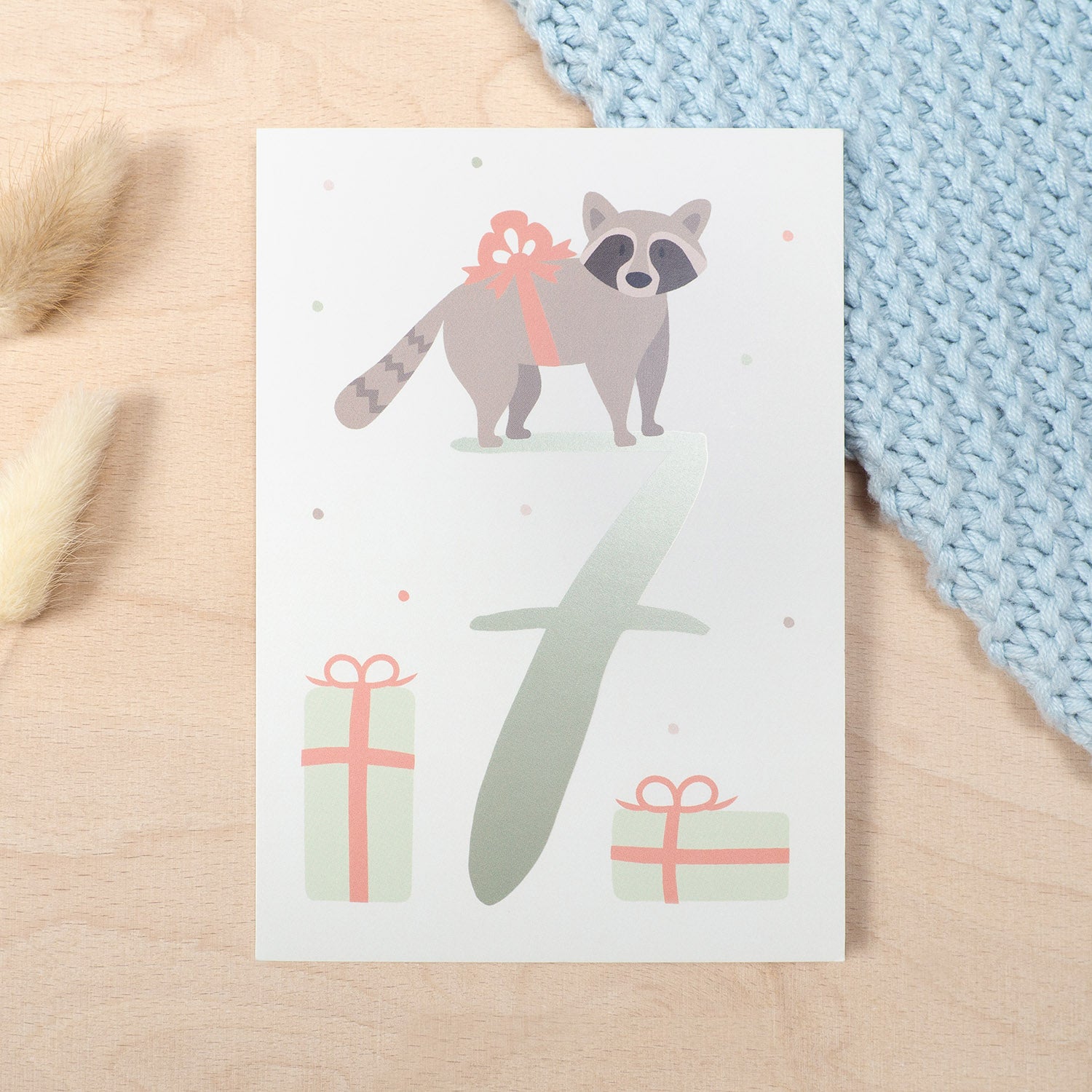Geburtstag Glückwunschkarte  "7" - Waschbär