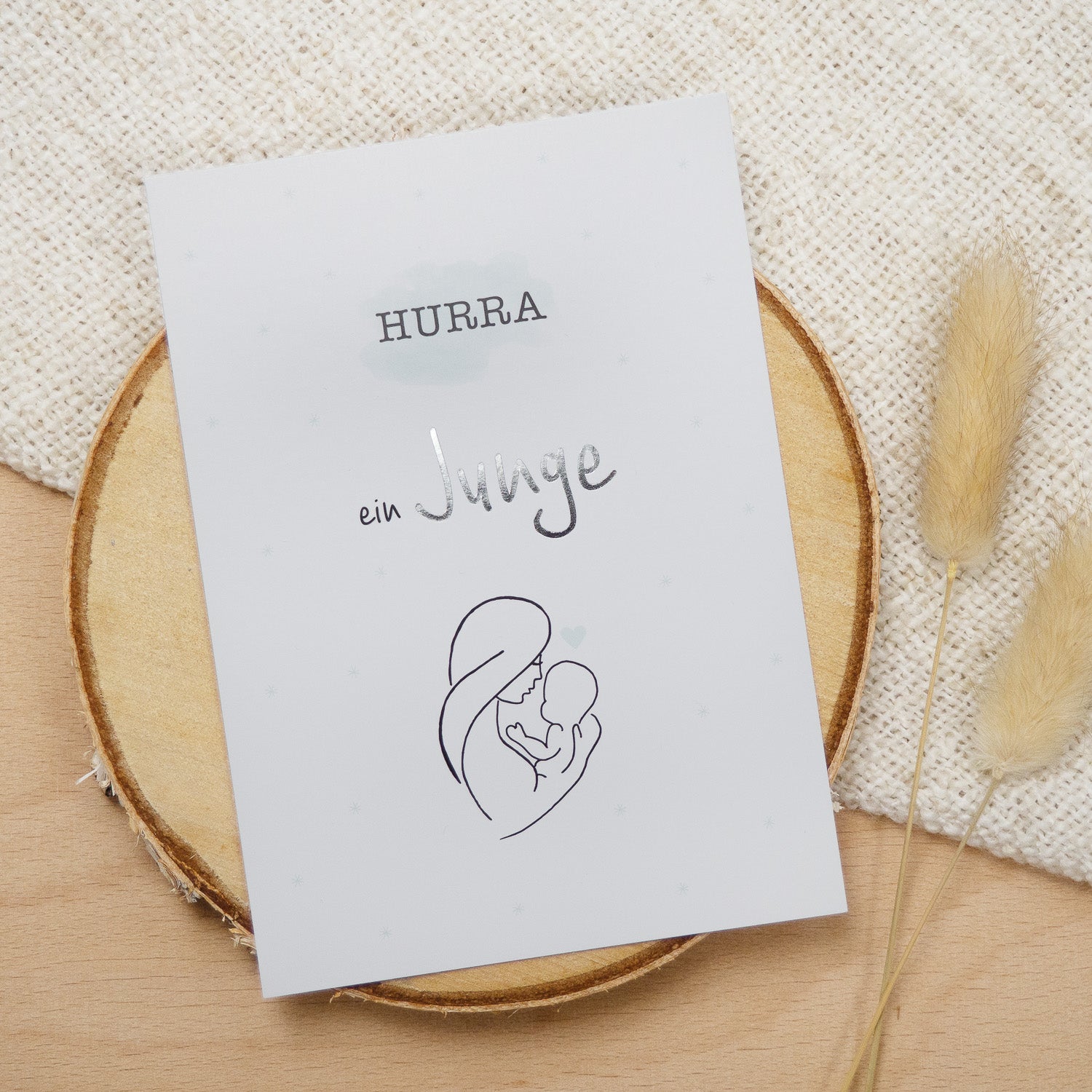 Postkarte zur Geburt Silber "Hurra, ein Junge"